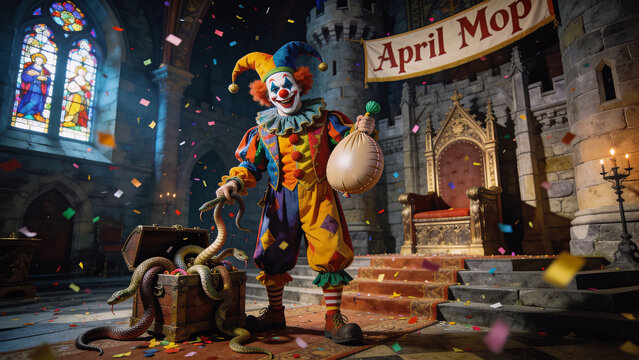 April Fools Jester Prank Scene Medieval Clown with Confetti Funny Concept