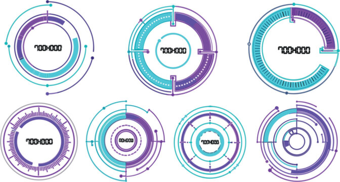 Futuristic HUD circle elements vector set with neon rings, digital interface components, sci fi dashboard graphics and modern data visualization design