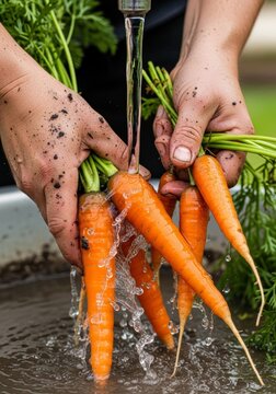 Woman washing fresh carrot with green top in tap water. Dirty hands cleaning organic vegetable after harvest. Healthy food preparation, farming nutrition and agriculture lifestyle concept.