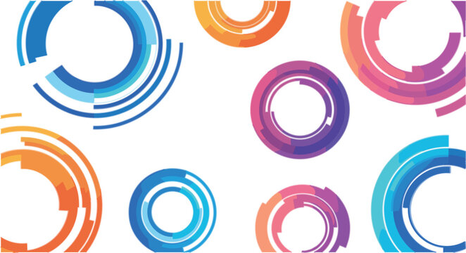 Abstract circular HUD rings vector with colorful segmented tech shapes, futuristic interface elements and modern geometric data visualization background design