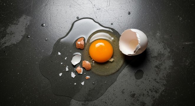 Broken raw egg with shell on dark metal texture surface. Cracked chicken egg yolk and albumen spilling. Culinary ingredient for cooking and baking. Concept of accidental food mess.