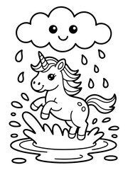 Fototapeta premium Whimsical Unicorn in the Rain: A charming illustration depicts a playful unicorn frolicking under a smiling cloud, amid gentle raindrops and a splash of water, embodying the magic of imagination.