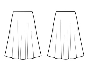 Women's midi skirt with A-line silhouette technical fashion flat sketch vector template illustration front and back view apparel CAD mockup © Fashiontable