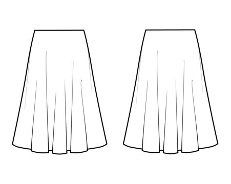 Women's midi skirt with A-line silhouette technical fashion flat sketch vector template illustration front and back view apparel CAD mockup