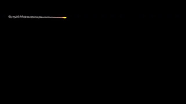 Cruise missile or rocket with alpha channel on transparent background, top of frame, 4K 24p