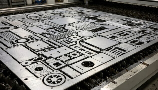 Medium frame shows mixed parts of various thicknesses organized in a detailed nesting pattern on a CNC cutting table highlighting versatility and careful planning in industrial