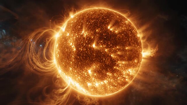Close-up view of the sun with solar flares and glowing plasma activity.