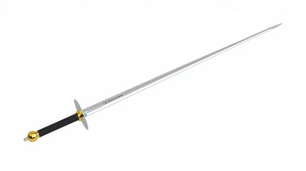 Fototapeta premium Long silver sword with black handle, gold pommel, crossguard. Weapon appears sharp, metallic, suitable for practice or display.