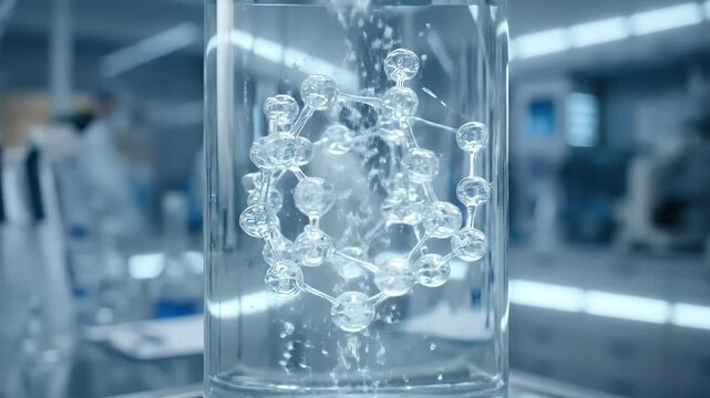 A complex molecular structure submerged in bubbling liquid inside a clear glass cylinder on a laboratory table, with scientists working in the background.