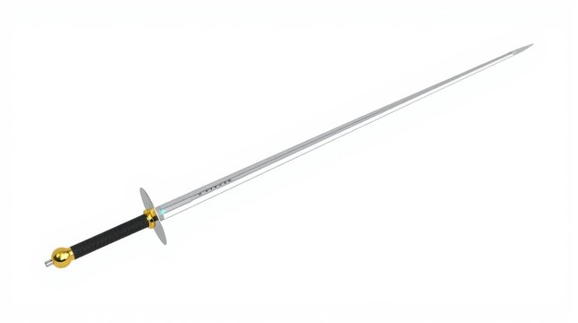 Long silver sword with black handle, gold pommel, crossguard. Weapon appears sharp, metallic, suitable for practice or display.
