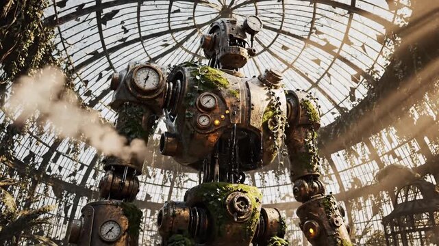Mossy steampunk robot with sunflower head in abandoned greenhouse