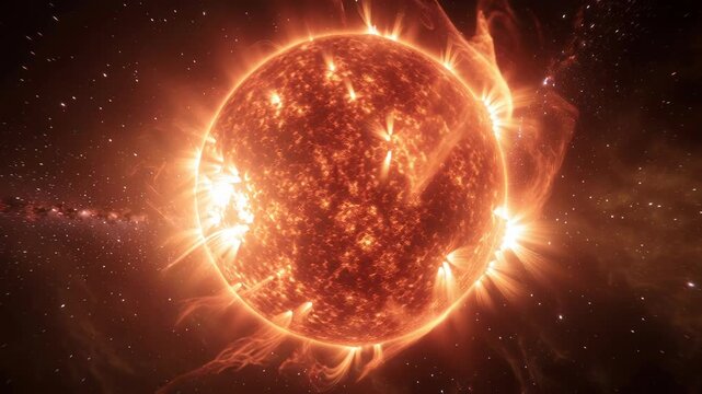 Close-up view of the sun with solar flares and glowing plasma in space.