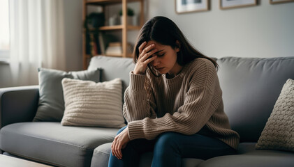 Obraz premium Solitude of Mind: A young woman sits alone on a sofa, conveying the heavy weight of sadness and contemplation with a hand to her forehead. The image evokes feelings of isolation.