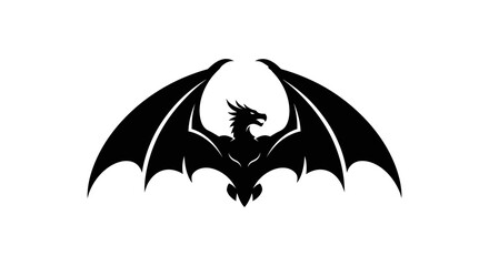 Fototapeta premium Black Silhouette Dragon with Spreading Wings, Mythical Creature Emblem