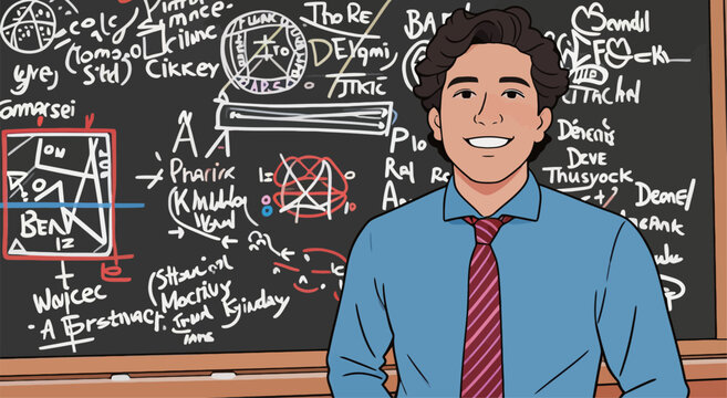 Young man stands in front of blackboard filled with writing and symbols while smiling in a classroom setting during a weekday afternoon