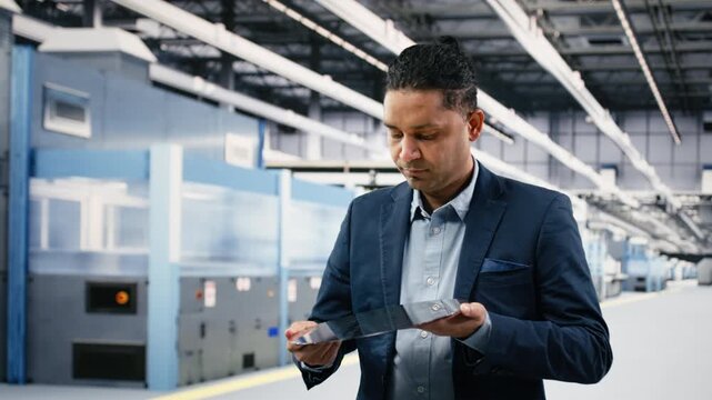 Manager holding processed silicon wafer inside automated manufacturing plant, preparing optimizations. Indian man inspecting microelectronic equipment, doing quality control, camera B