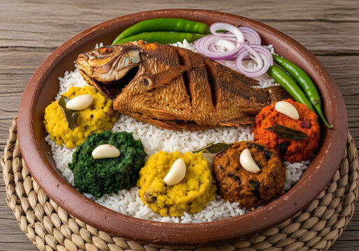 Traditional bengali panta ilish meal with fried hilsa fish and variety of colorful bhortas