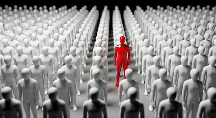 Fototapeta premium A Distinct Red Figure Stands Prominently Among A Large Crowd Of Identical White Figures, Symbolizing Uniqueness And Individuality.