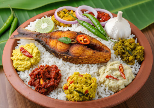Traditional bengali panta ilish meal served in a clay bowl with fried fish and various bhortas.