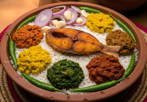 Traditional bengali panta bhat with ilish fish fry and various bharta items served in a clay plate.