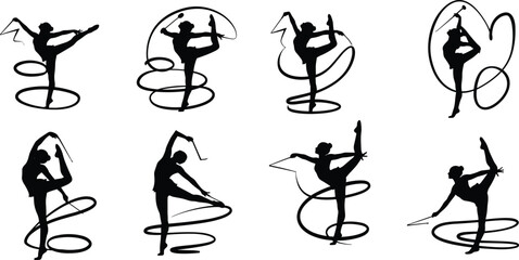 Set of Rhythmic Gymnastics Silhouette Vector Icons Featuring Female Athletes Performing With Ribbons and Hoops in Various Artistic Poses for Sports and Dance Design © Mukta's World