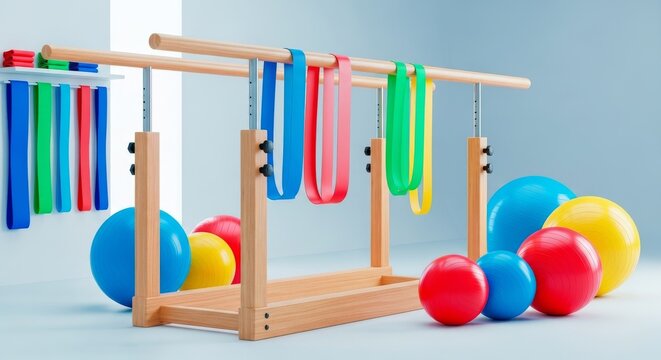 A bright physiotherapy room features wooden parallel bars, colorful exercise balls, and resistance bands arranged on a clean medical floor, kinesiotherapy, mobility, balance