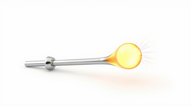 Metallic tool emits bright orange glow. Device appears surgical, possibly cauterizing tissue. Clean white background enhances focus.