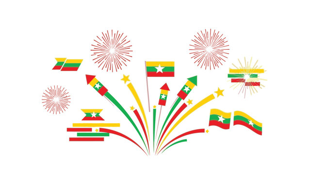 Colorful fireworks and flags of Mozambique exploding in the air on a white background with vibrant red, green, yellow and black colors.