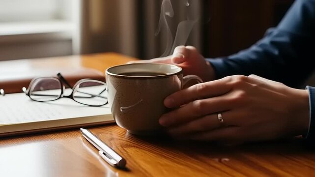Businessman holding steaming coffee cup.