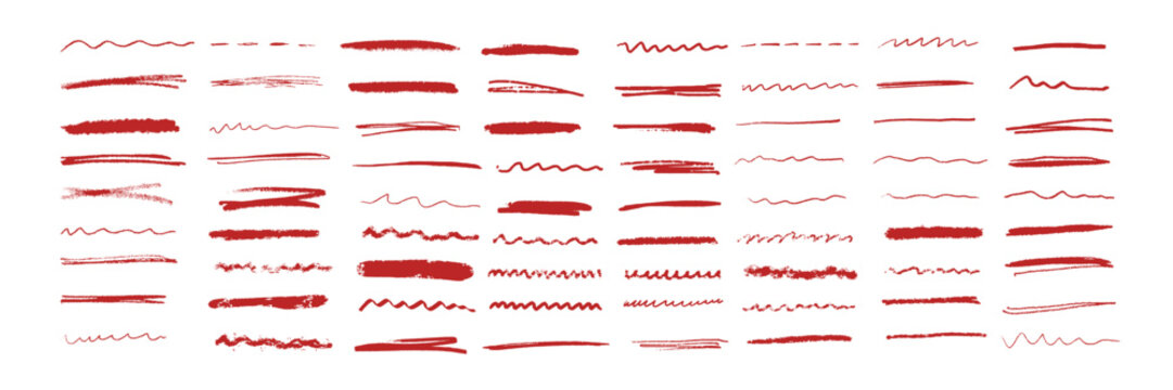 Line underline crayon and pencil brush red with emphasis highlight color. Doodle vector strike and wave pen through with under chalk felt. Stroke strikethrough frame and memo illustration sign.