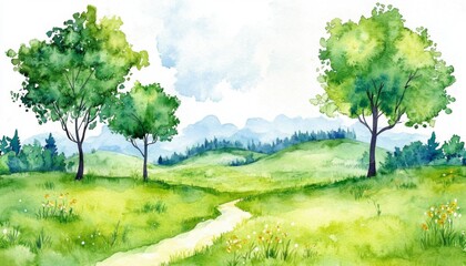 Fototapeta premium Lush green landscape with watercolor trees and a winding path through serene hills under a cloudy sky