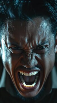 Man with intense face yelling into the camera.