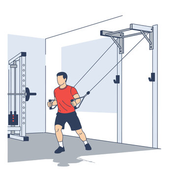 Illustration of a man engaged in strength training, performing cable crossover exercises at an indoor gym setup, emphasizing fitness, muscle development, and a healthy lifestyle routine