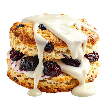 Delicious blueberry scone sandwich with vanilla glaze isolated on black background perfect for breakfast and dessert menu designs