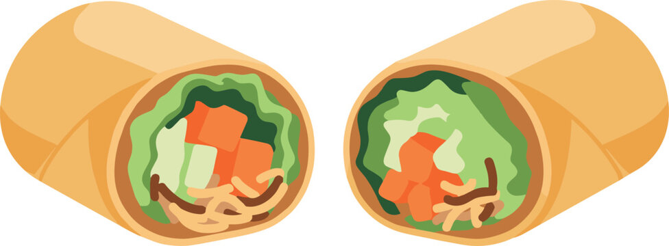 A digital illustration of two halves of a fresh vegetable spring roll