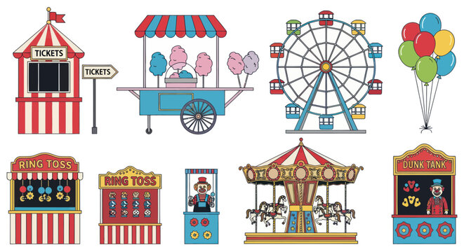Carnival Fun Fair Set: Ferris Wheel, Carousel, Games, Cotton Candy, Balloons