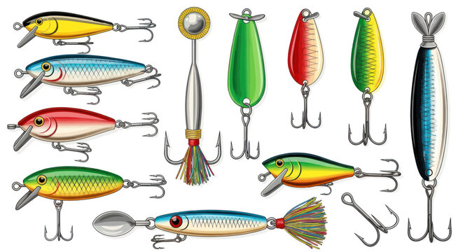 Collection of Vintage Fishing Lures, Assorted Colors and Styles, White Background