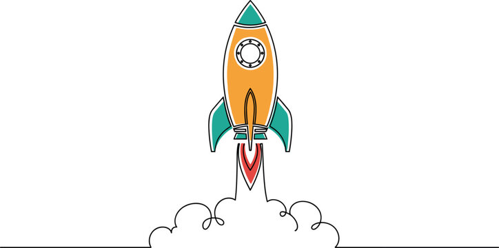 A colorful cartoon rocket ship blasting off into the sky