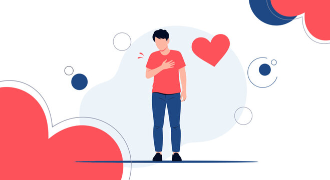 Man clutching chest with heart symbol, chest pain, health problem, medical condition, cardiology concept