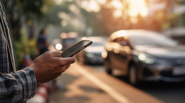 Hand holding smartphone on a city street waiting for ride hailing, with blurred cars, representing mobile communication, urban lifestyle, and modern transportation.