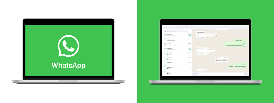 Whatsapp UI in laptop screen. Whatsapp user interface post template. Whatsapp mockup social media template