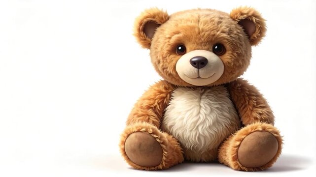 Adorable stuffed bear with brown fur, sitting on white. Eyes are dark, nose is brown