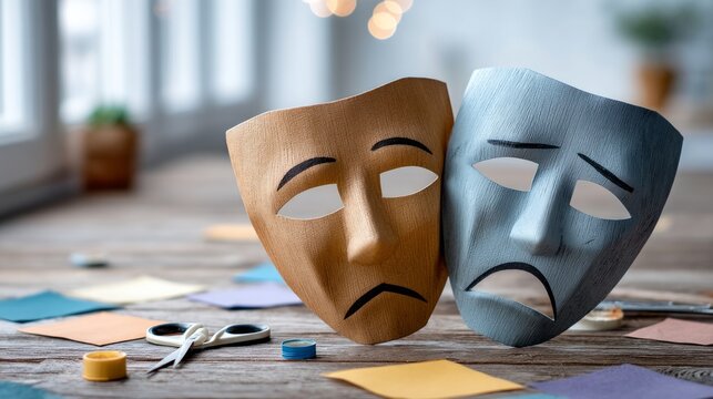 Handcrafted Comedy and Tragedy Masks on a Craft Table with Scissors