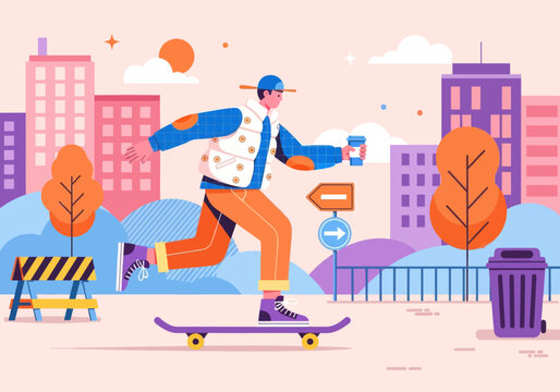 Modern flat vector illustration of a young skater cruising through a vibrant colorful cityscape, holding a takeaway coffee cup. Urban lifestyle concept.