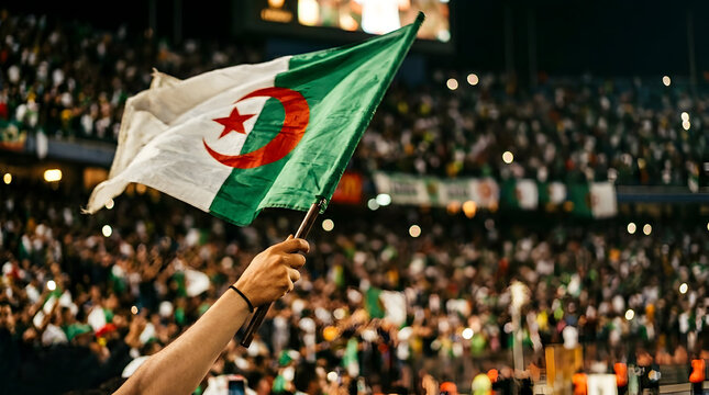 Hand waving the national flag of Algeria in a crowded stadium during a sports event at night