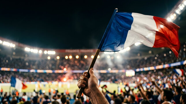 Person holding France national tricolor flag at a football stadium event at night