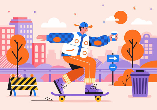 Modern flat vector illustration of a young skater cruising through a vibrant colorful cityscape, holding a takeaway coffee cup. Urban lifestyle concept.