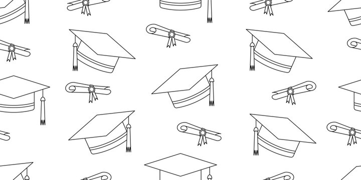 Seamless vector pattern with black line art graduation caps and diploma scrolls on white