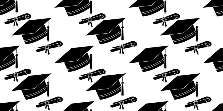 Seamless pattern with black graduation caps and diploma scrolls on white
