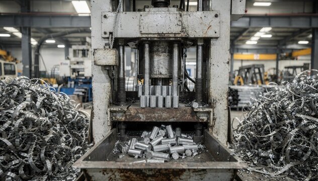 Industrial medium shot capturing chip briquettes being formed from recycled metal offcuts demonstrating efficient onsite scrap recycling.